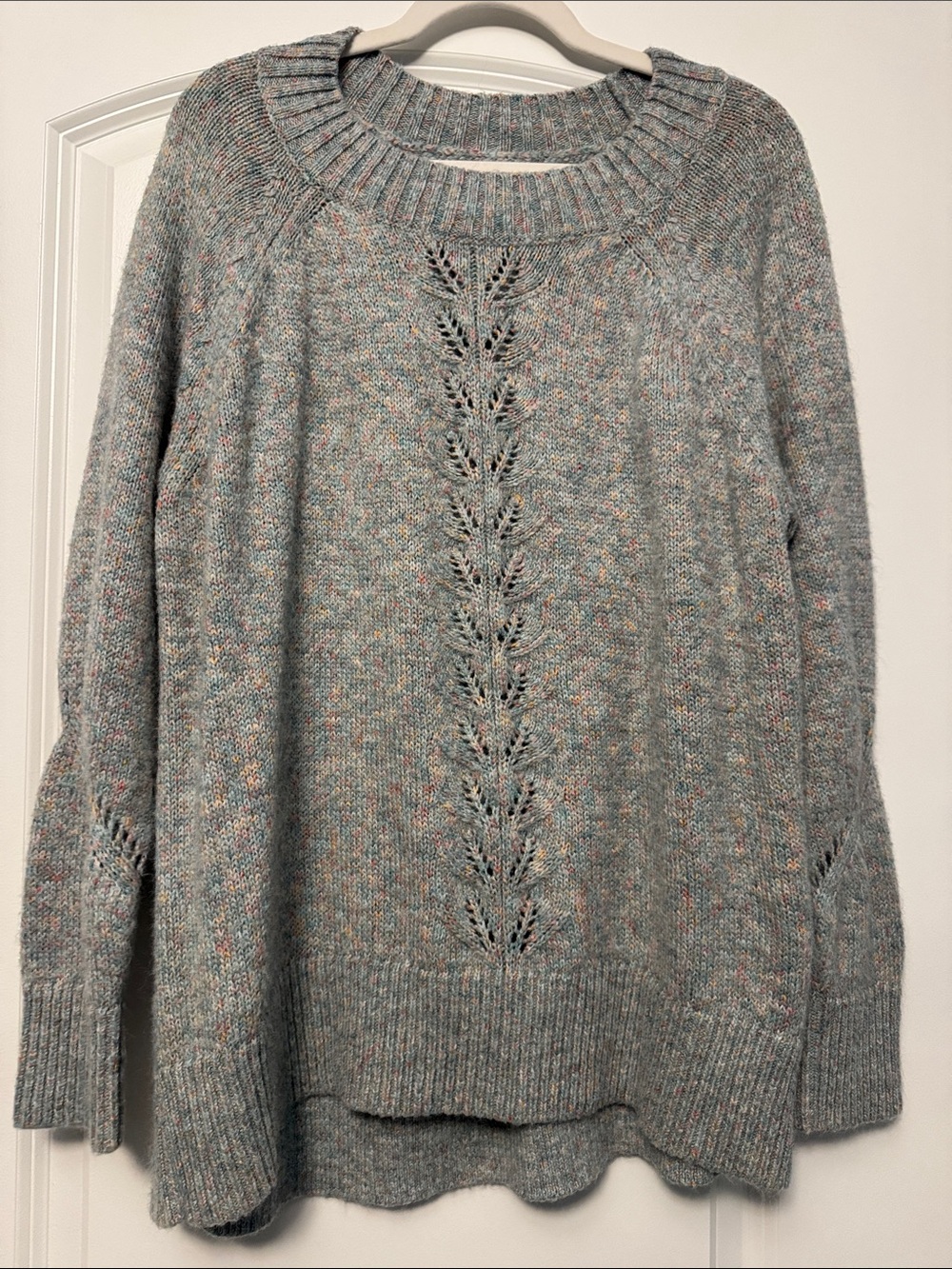LOFT Speckled Heather Blue Scoop-Neck Cable-Detail Sweater
